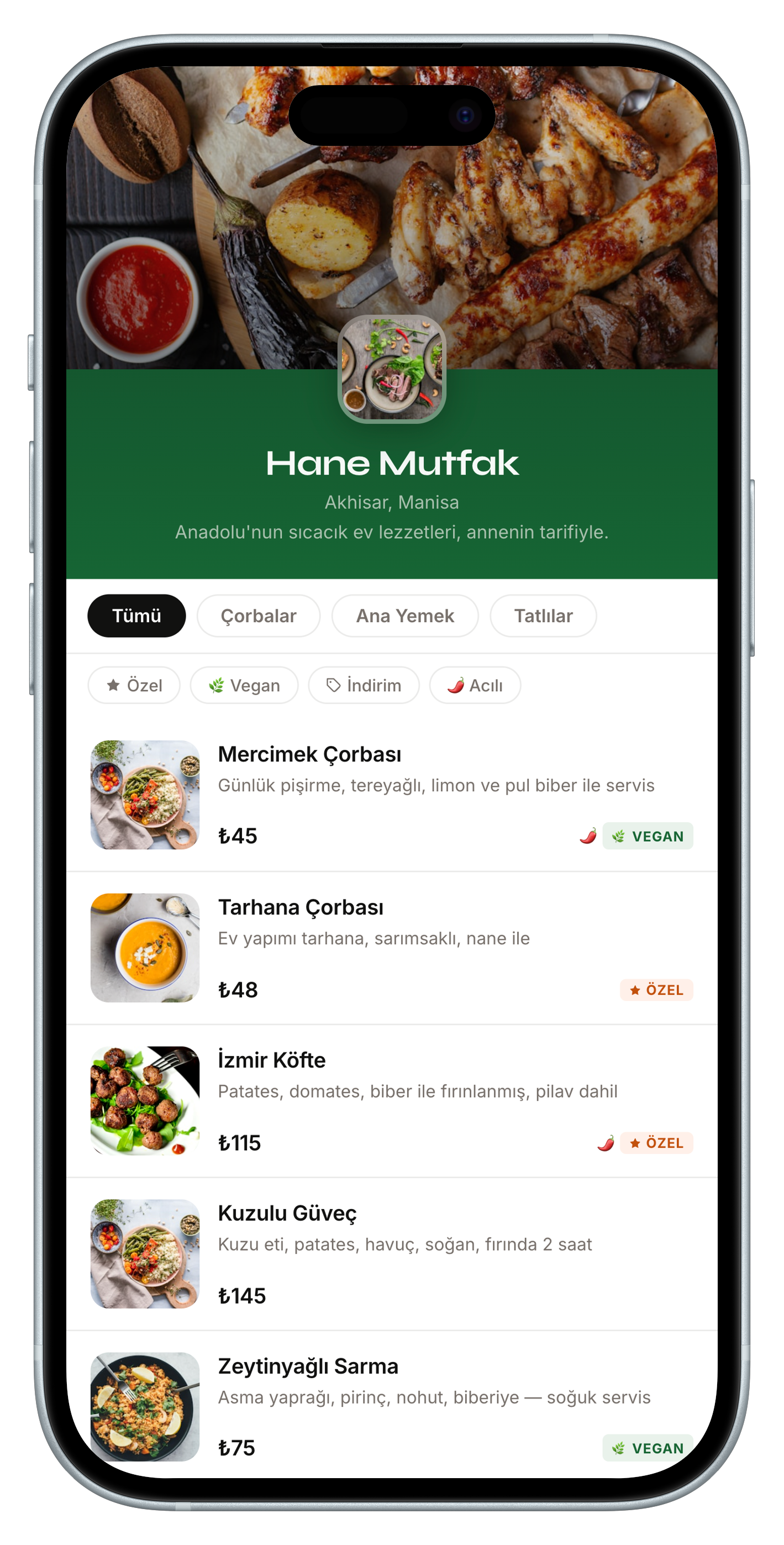 Hane Mutfak menüsü