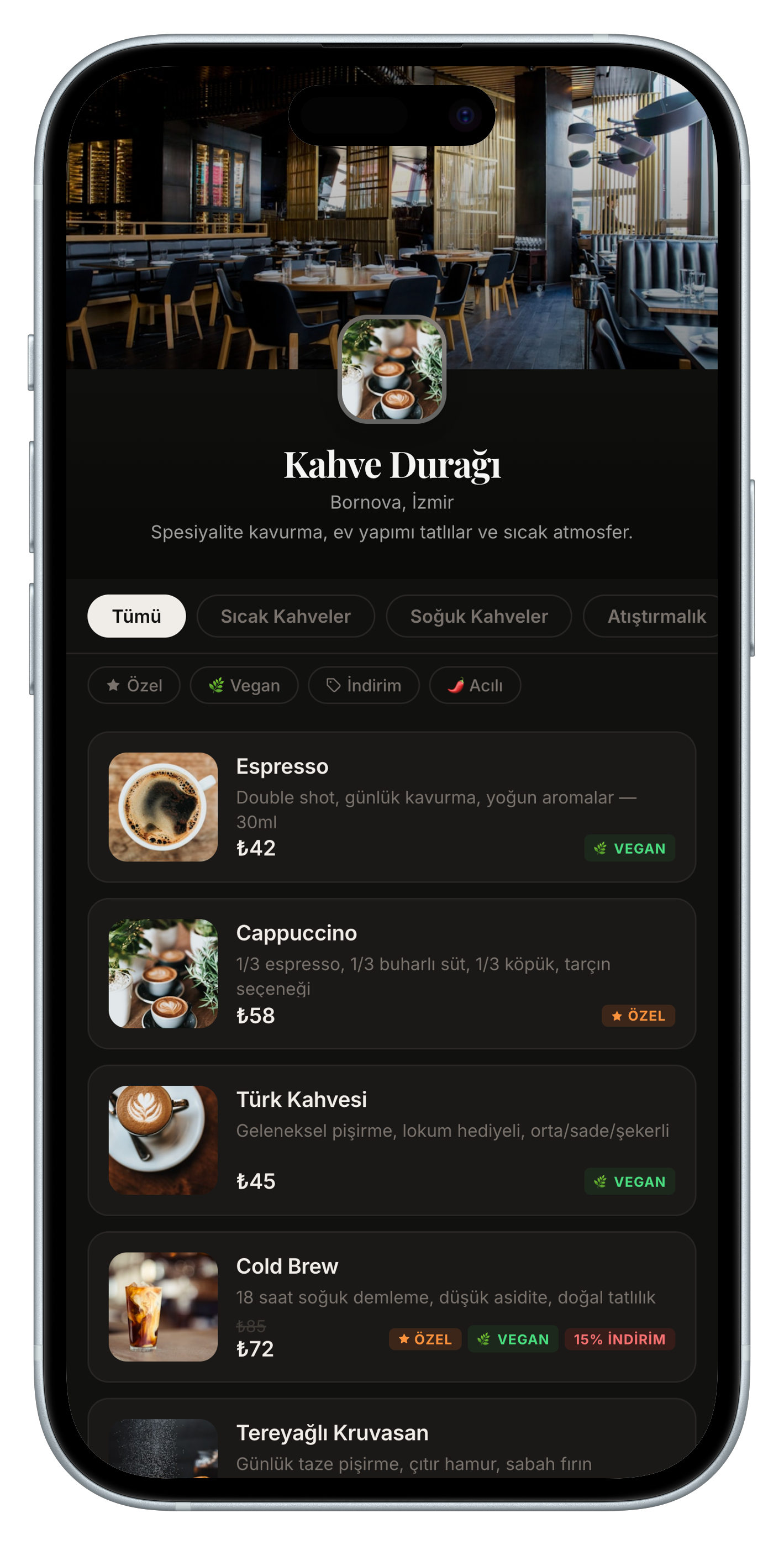 Kahve Durağı menüsü